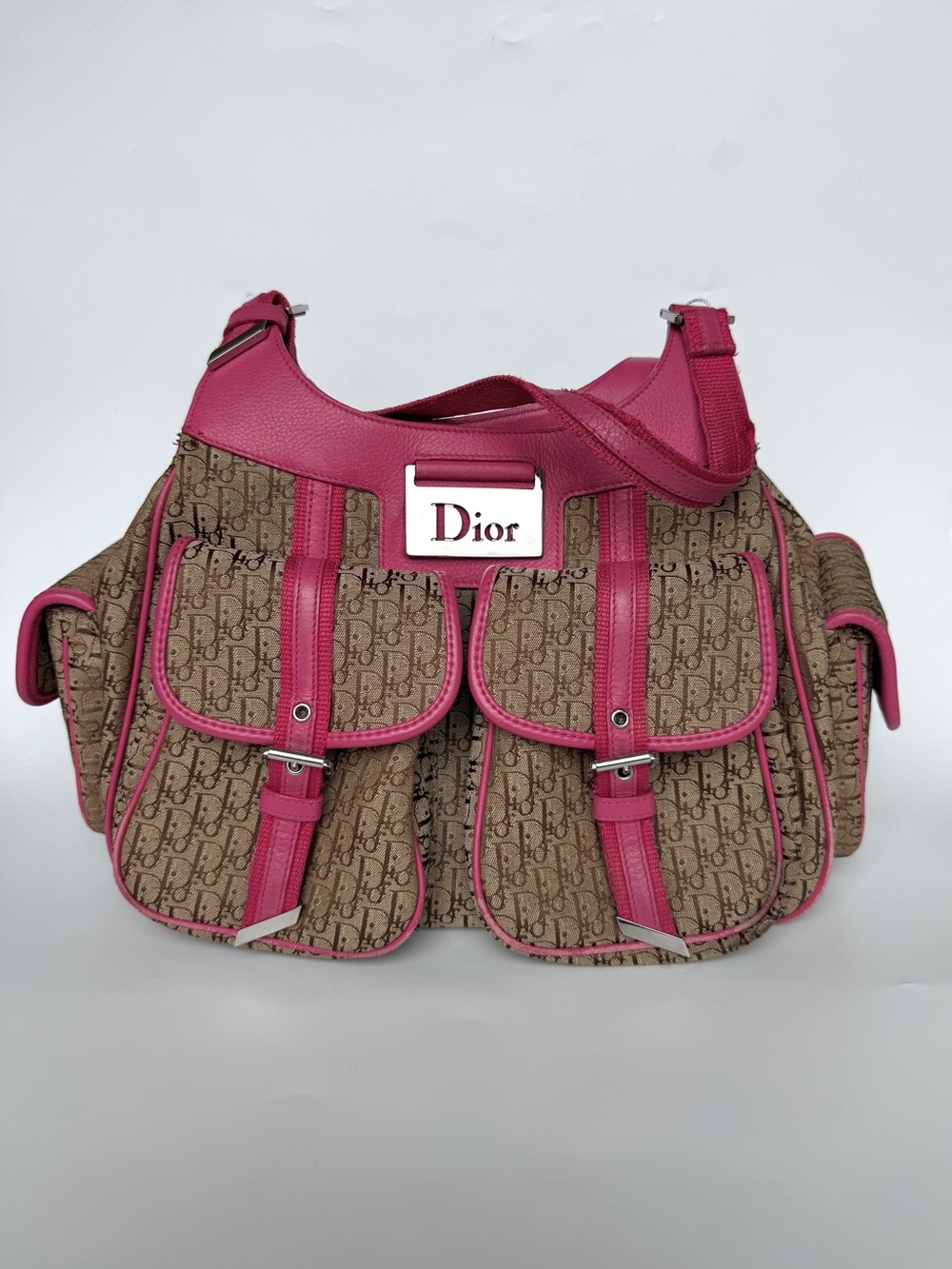 Vintage Christian Dior Diorissimo Hobo Shoulder Bag With Pink Leather Trim